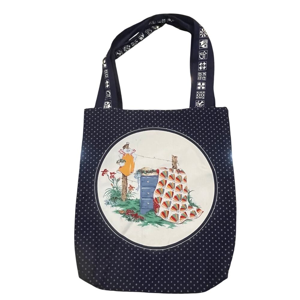 Country Farmhouse Quilt Tote Navy Folk Art Handmade Bag Folk Prairie Cottagecore